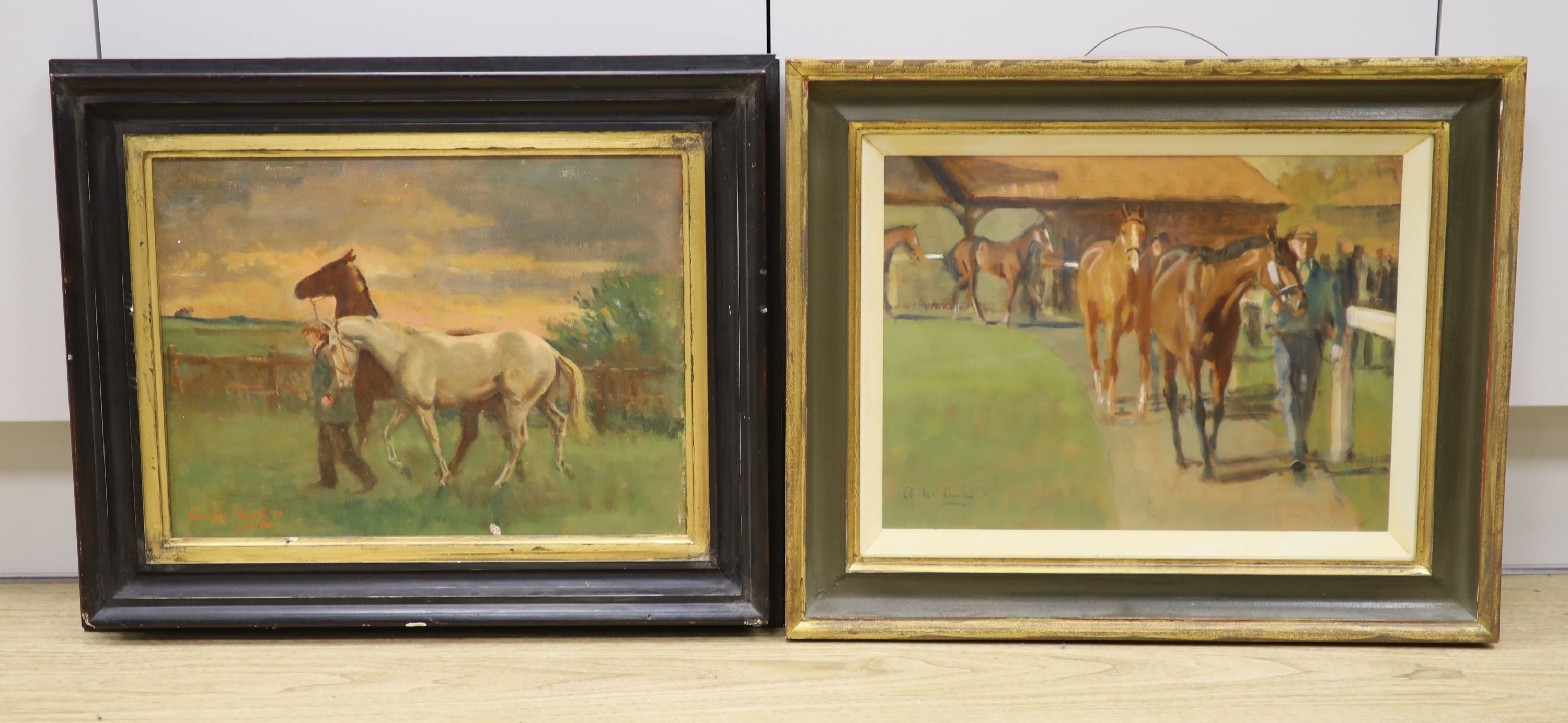 Charles Church (1970-), 'Race horses in a parade ring' and 'Race horses being led', two oils on canvas, both signed, the latter dated '95, 30 x 40cm.